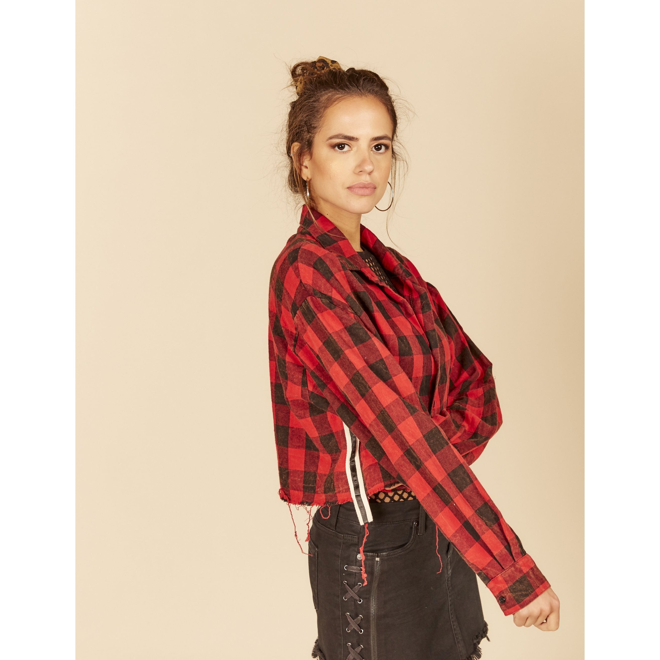 Buffalo Plaid Satin Trim Boxy Cropped Shirt