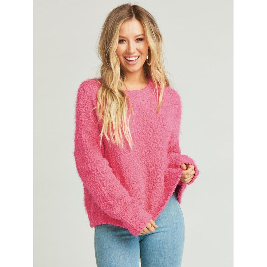 Cropped Varsity Sweater ~ Dazzling Pink Knubby Knit